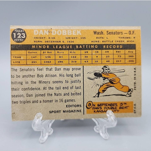 Dan Dobbek 1960 Topps #123 Rookie Star Washington Senators Baseball Card - Picture 2 of 6
